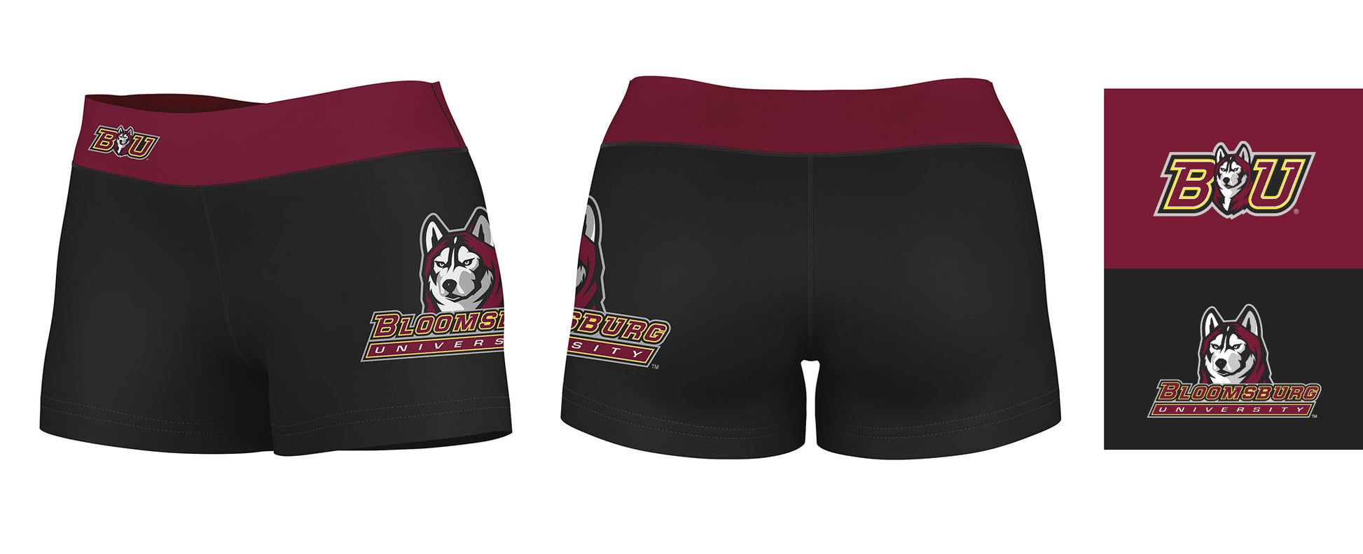 Bloomsburg Huskies Vive La Fete Logo on Thigh and Waistband Black & Maroon Women Yoga Booty Workout Shorts 3.75 Inseam - Vive La F̻te - Online Apparel Store