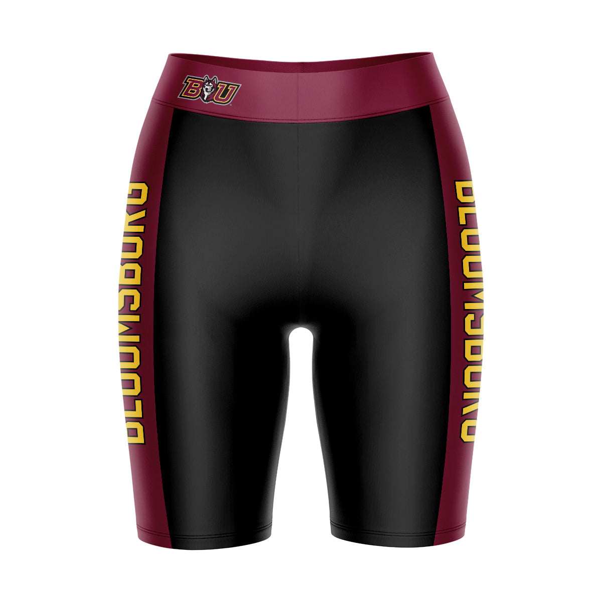 Bloomsburg University Huskies Vive La Fete Game Day Logo on Waistband and Maroon Stripes Black Women Bike Short 9 Inseam