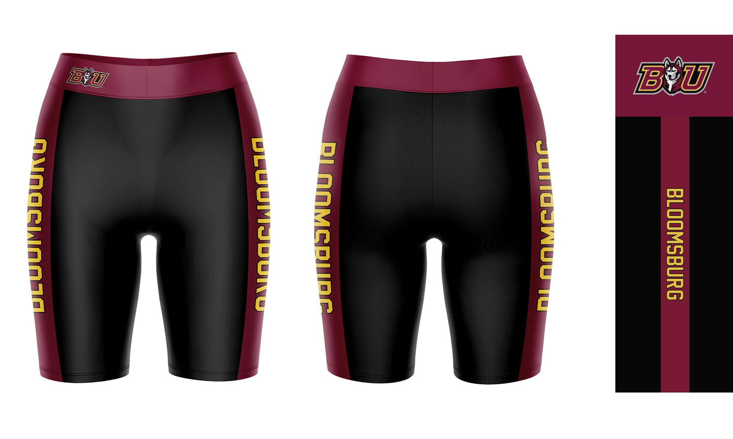 Bloomsburg University Huskies Vive La Fete Game Day Logo on Waistband and Maroon Stripes Black Women Bike Short 9 Inseam