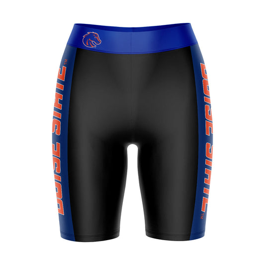 Boise State University Broncos Vive La Fete Game Day Logo on Waistband and Blue Stripes Black Women Bike Short 9 Inseam