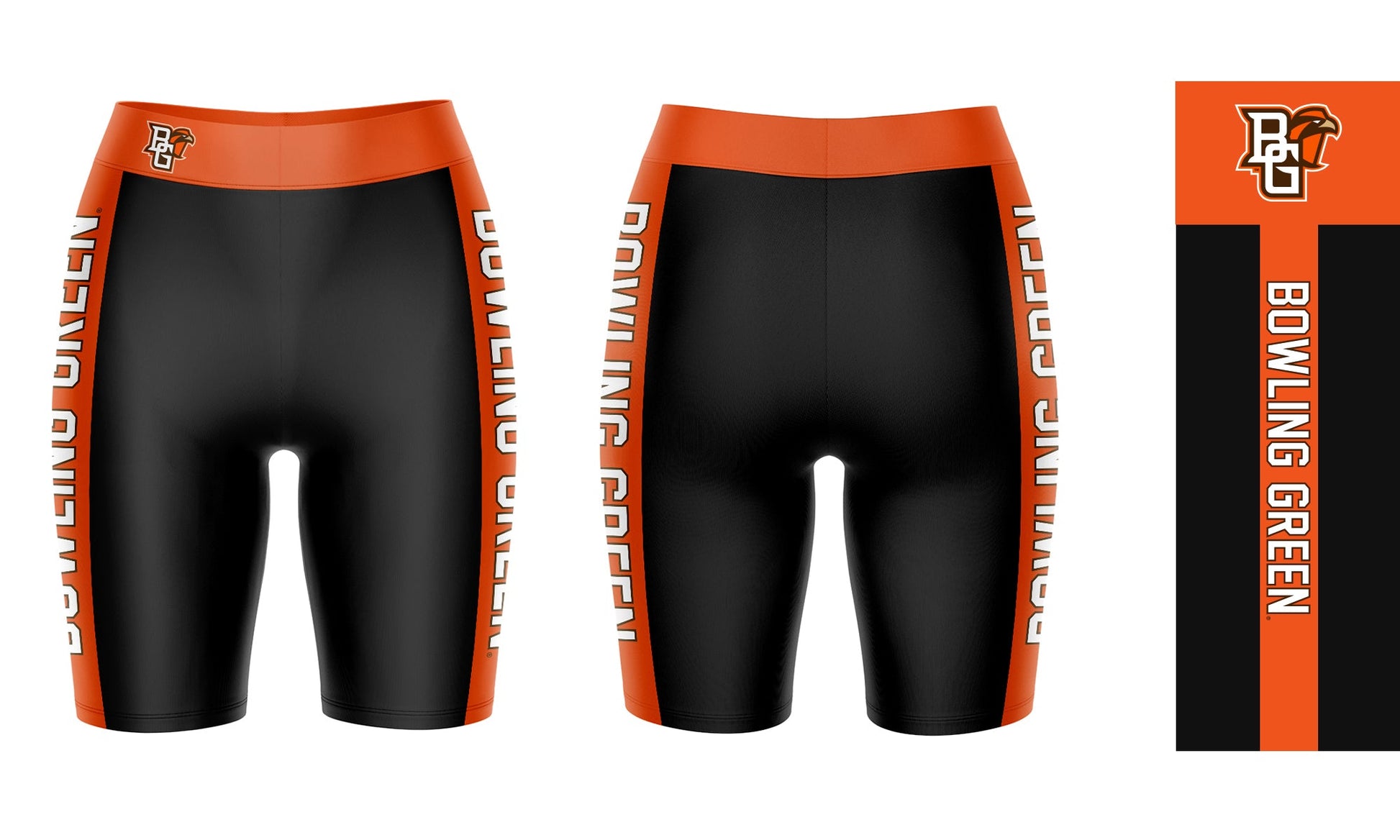 Bowling Green Falcons Vive La Fete Game Day Logo on Waistband and Orange Stripes Black Women Bike Short 9 Inseam"