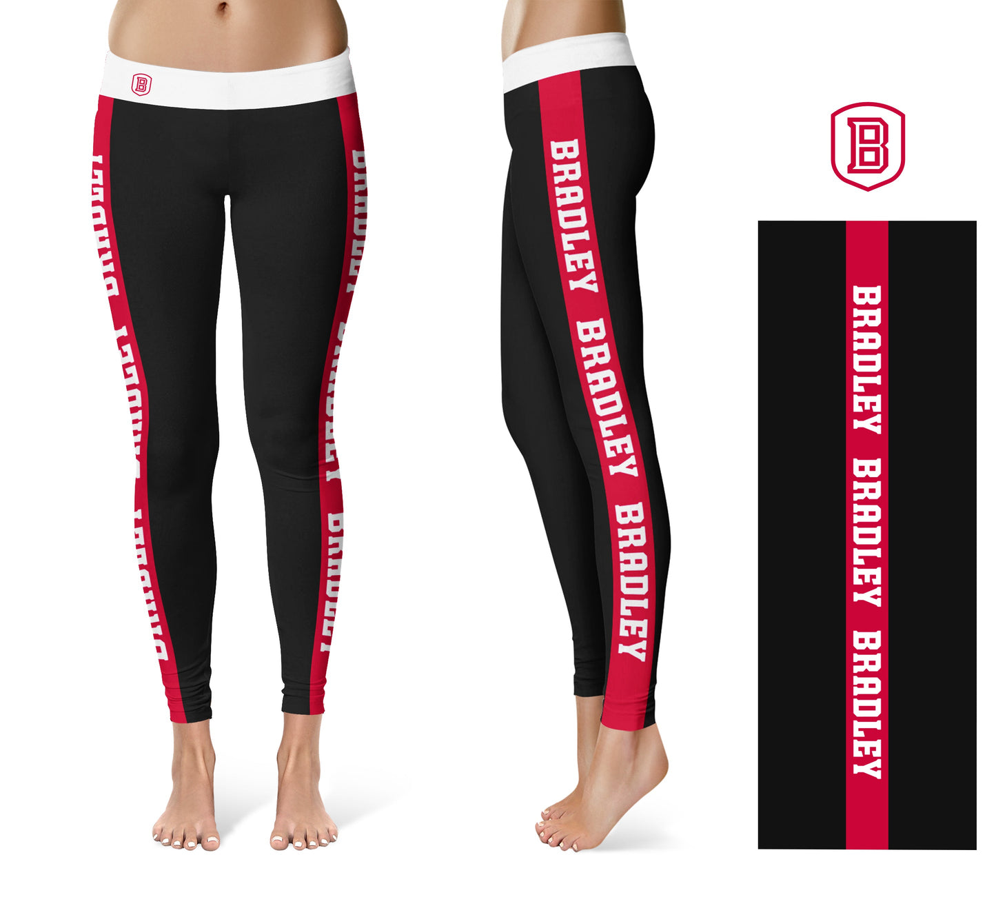 Bradley University Braves Vive La Fete Game Day Collegiate Red Stripes Women Black Yoga Leggings 2 Waist Tights