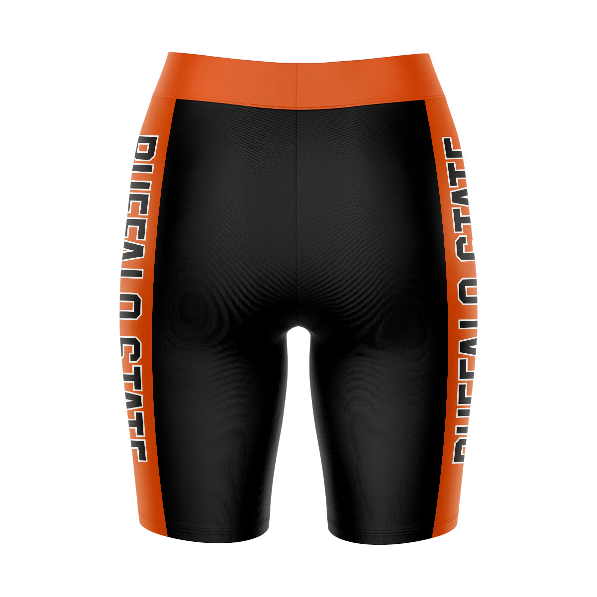 Buffalo State Bengals Vive La Fete Game Day Logo on Waistband and Orange Stripes Black Women Bike Short 9 Inseam"