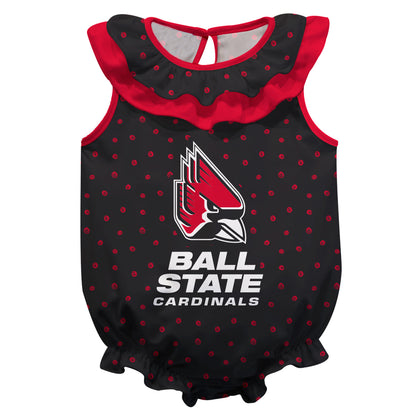 Ball State Cardinals Swirls Black Sleeveless Ruffle One Piece Jumpsuit Logo Bodysuit by Vive La Fete