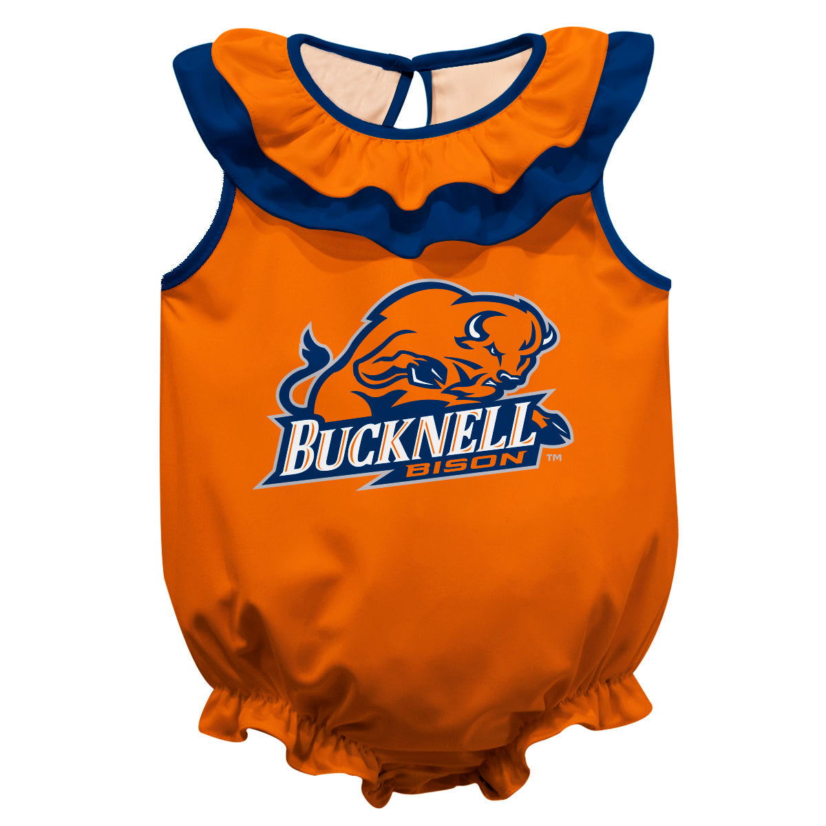 Bucknell University Bison Orange Sleeveless Ruffle One Piece Jumpsuit Logo Bodysuit by Vive La Fete