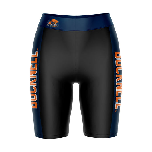 Bucknell University Bison Vive La Fete Game Day Logo on Waistband and Navy Stripes Black Women Bike Short 9 Inseam