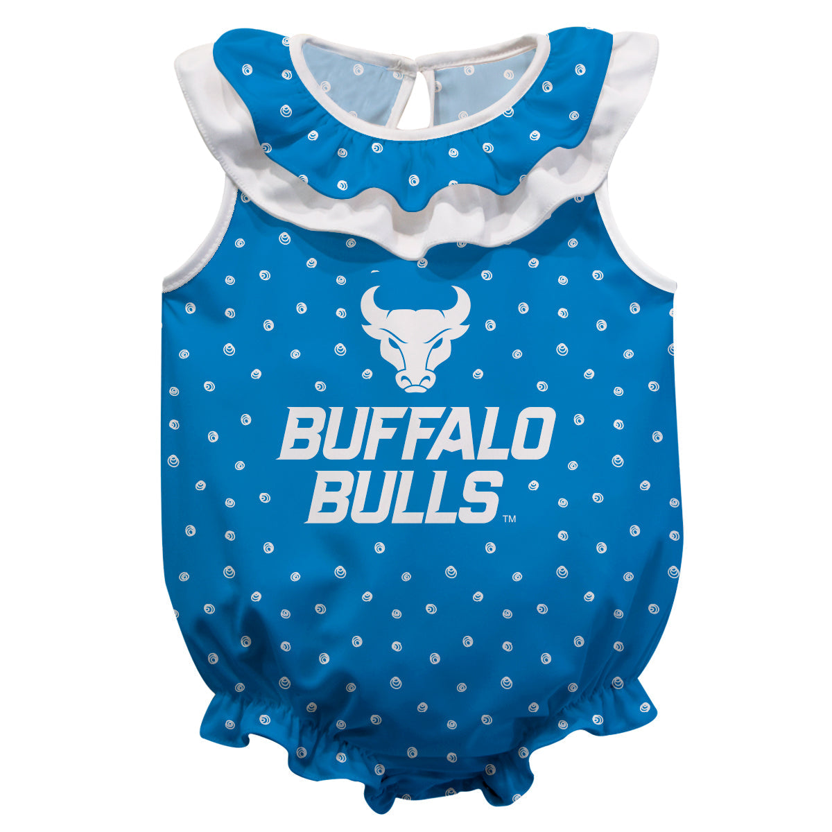 Buffalo Bulls Girls Game Day All Over Print Blue and White Sleeveless Ruffle One Piece Jumpsuit Mascot Bodysuit by Vive La Fete