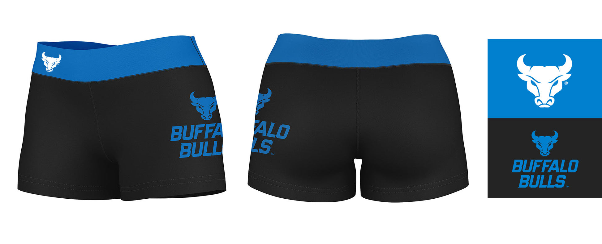Buffalo Bulls Vive La Fete Logo on Thigh & Waistband Black & Blue Women Yoga Booty Workout Shorts 3.75 Inseam" - Vive La F̻te - Online Apparel Store