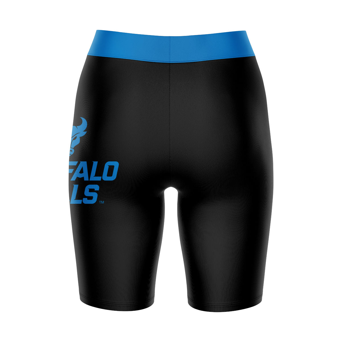 Buffalo Bulls Vive La Fete Game Day Logo on Thigh and Waistband Black and Blue Women Bike Short 9 Inseam"