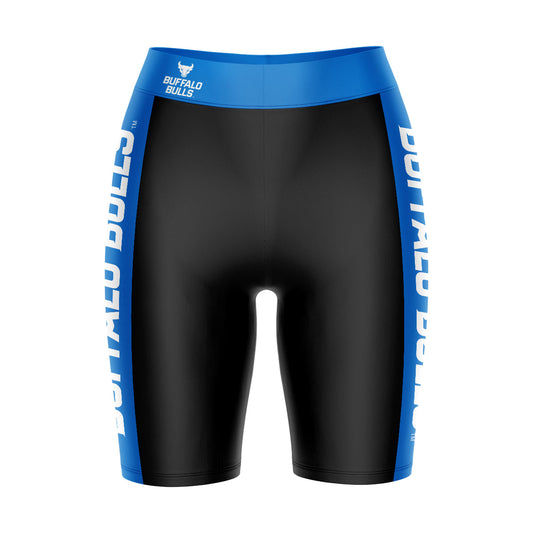 University at Buffalo Bulls Vive La Fete Game Day Logo on Waistband and Blue Stripes Black Women Bike Short 9 Inseam"