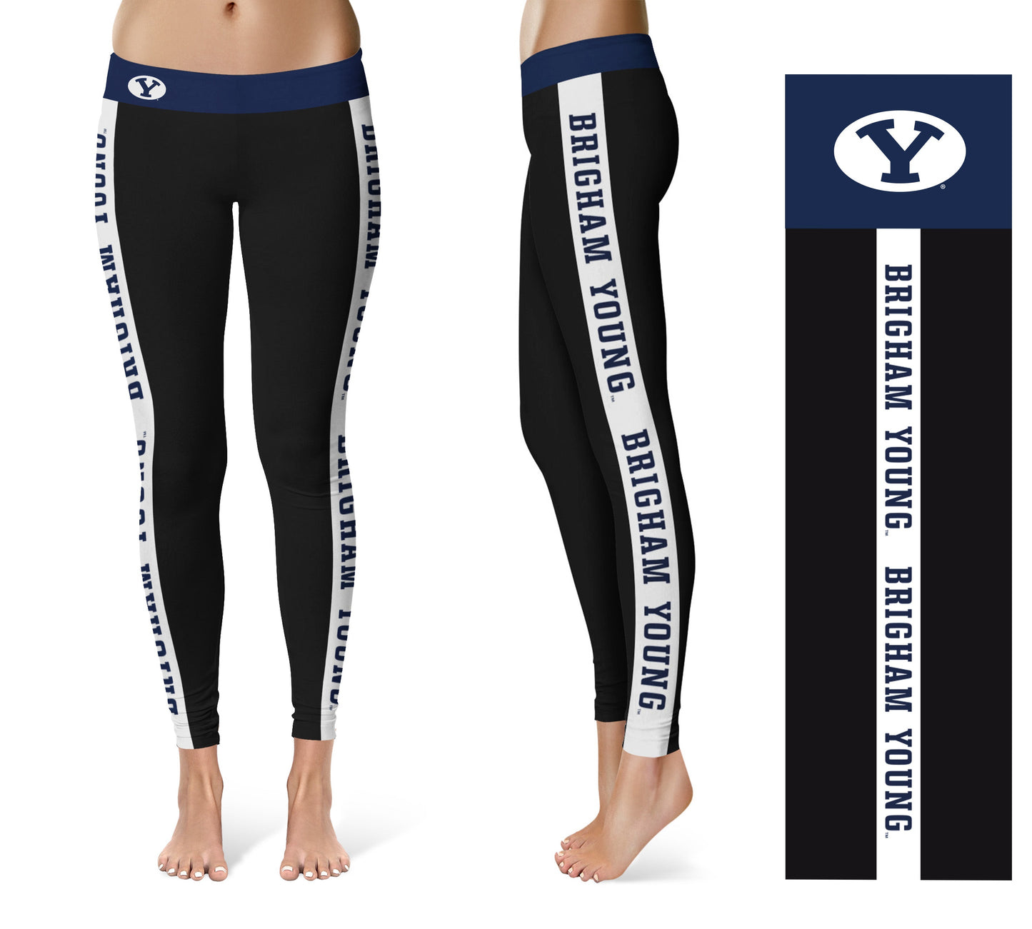 Brigham Young Cougars BYU Vive La Fete Game Day Collegiate White Stripes Women Black Yoga Leggings 2 Waist Tights