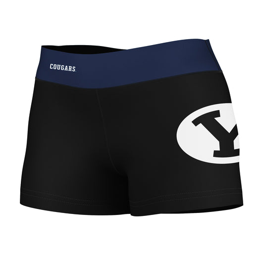 BYU Cougars Vive La Fete Logo on Thigh & Waistband Black & Blue Women Yoga Booty Workout Shorts 3.75 Inseam