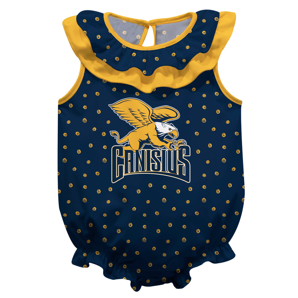 Canisius College Golden Griffins Swirls Navy Sleeveless Ruffle One Piece Jumpsuit Logo Bodysuit by Vive La Fete