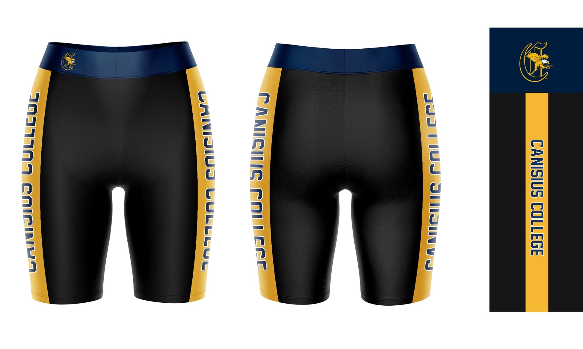 Canisius College Griffs Vive La Fete Game Day Logo on Waistband and Gold Stripes Black Women Bike Short 9 Inseam