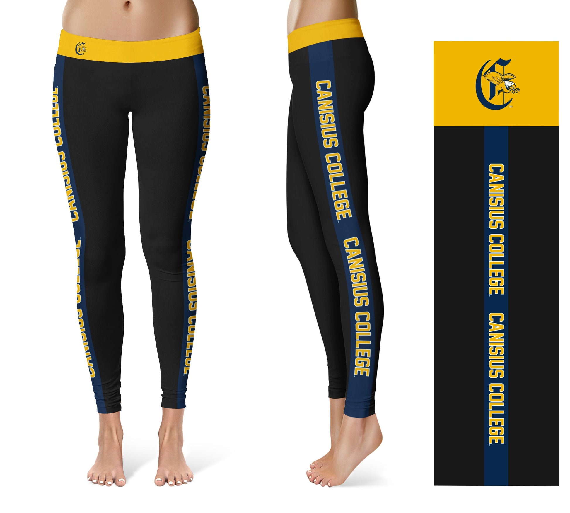 Canisius College Golden Griffins Vive La Fete Game Day Collegiate Blue Stripes Women Black Yoga Leggings 2 Waist Tights