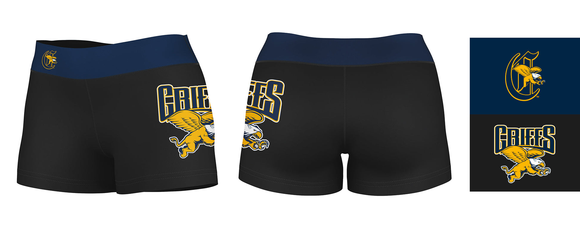 Canisius College Golden Griffins Logo on Thigh & Waistband Black & Blue Women Yoga Booty Workout Shorts 3.75 Inseam - Vive La F̻te - Online Apparel Store