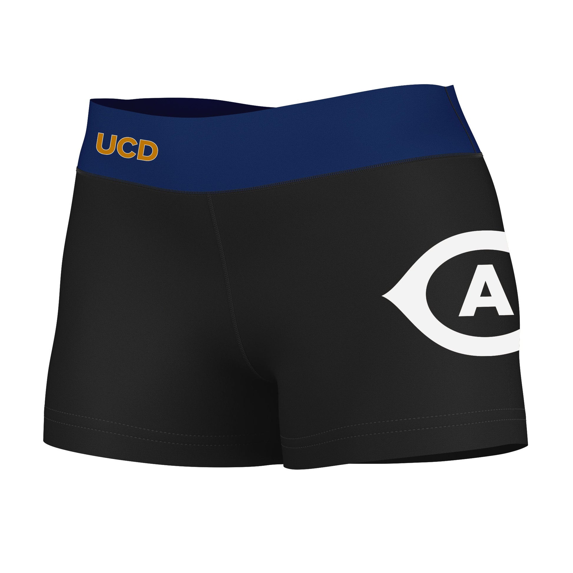 UC Davis Aggies Vive La Fete Logo on Thigh & Waistband Black & Navy Women Yoga Booty Workout Shorts 3.75 Inseam"