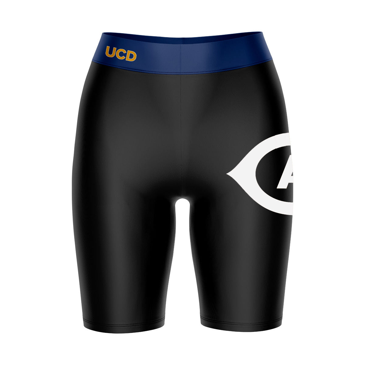 UC Davis Aggies Vive La Fete Game Day Logo on Thigh and Waistband Black and Navy Women Bike Short 9 Inseam"