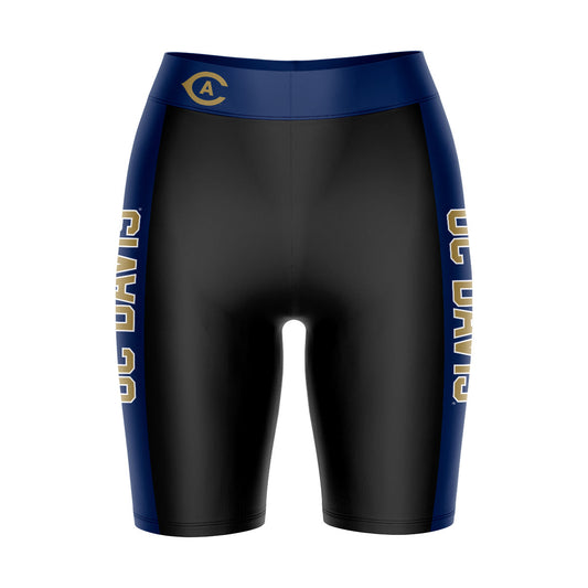 UC Davis Aggies Vive La Fete Game Day Logo on Waistband and Navy Stripes Black Women Bike Short 9 Inseam