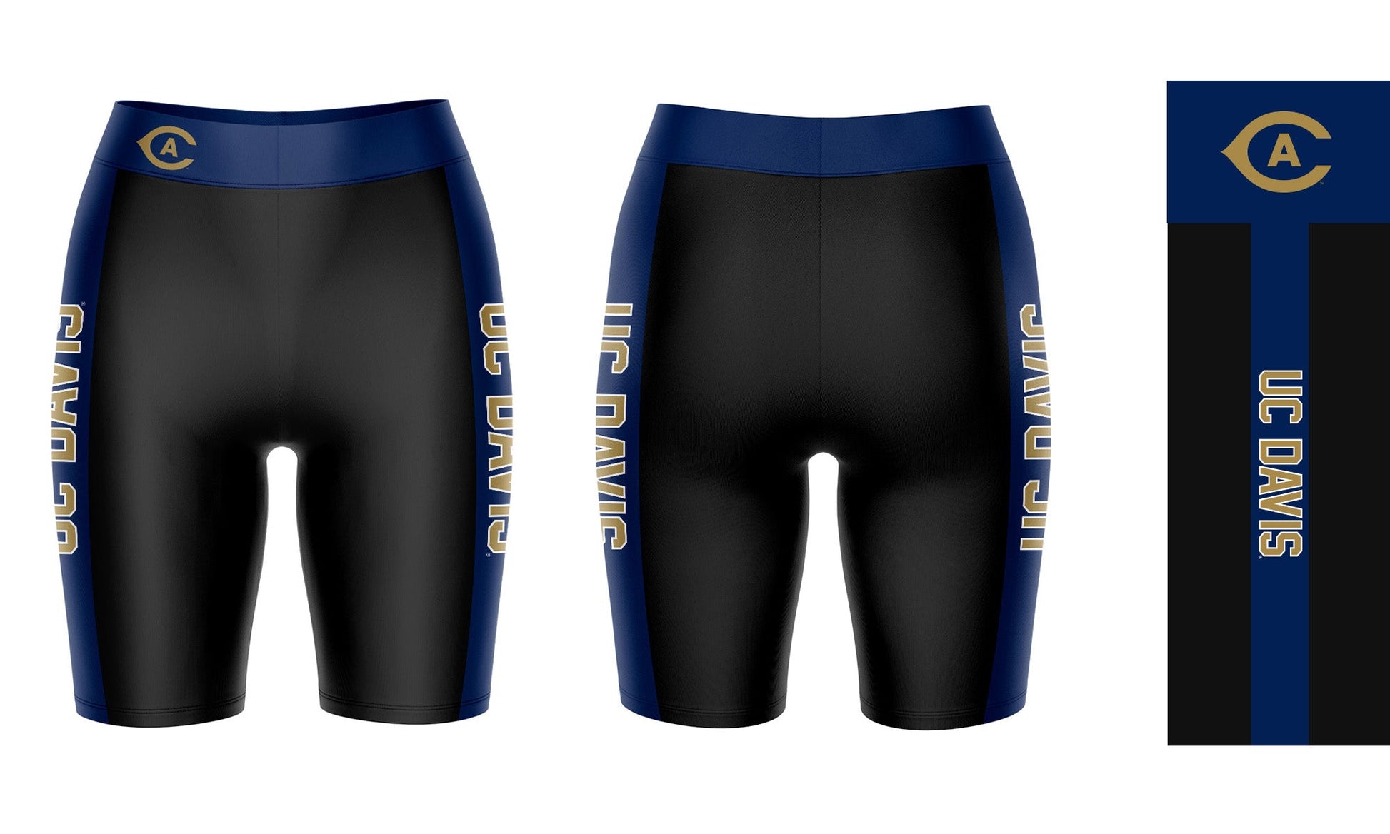 UC Davis Aggies Vive La Fete Game Day Logo on Waistband and Navy Stripes Black Women Bike Short 9 Inseam