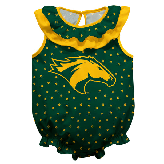 Cal Poly Pomona Broncos Swirls Green Sleeveless Ruffle One Piece Jumpsuit Logo Bodysuit by Vive La Fete