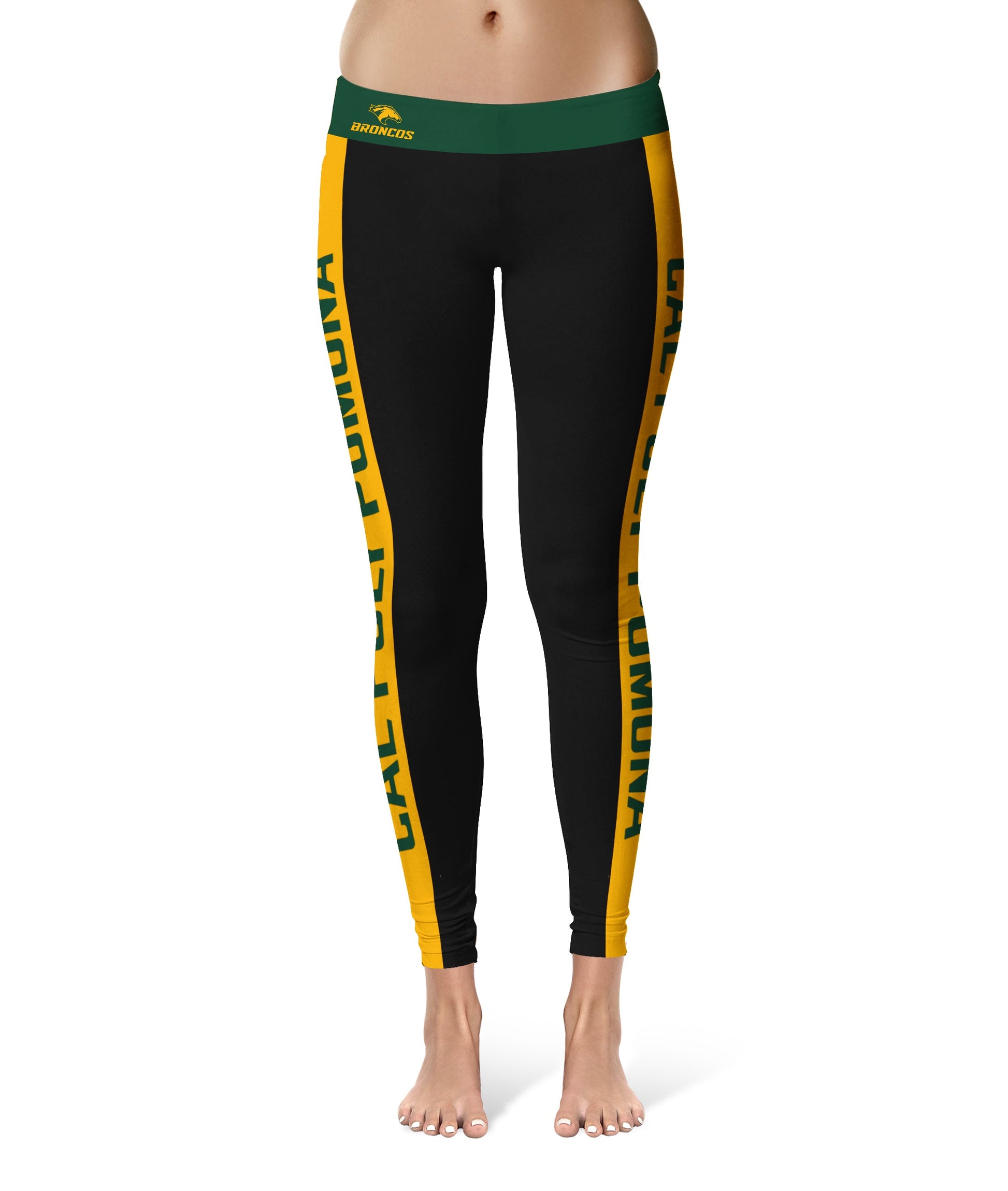 Cal Poly Pomona Broncos Vive La Fete Game Day Collegiate Gold Stripes Women Black Yoga Leggings 2 Waist Tights