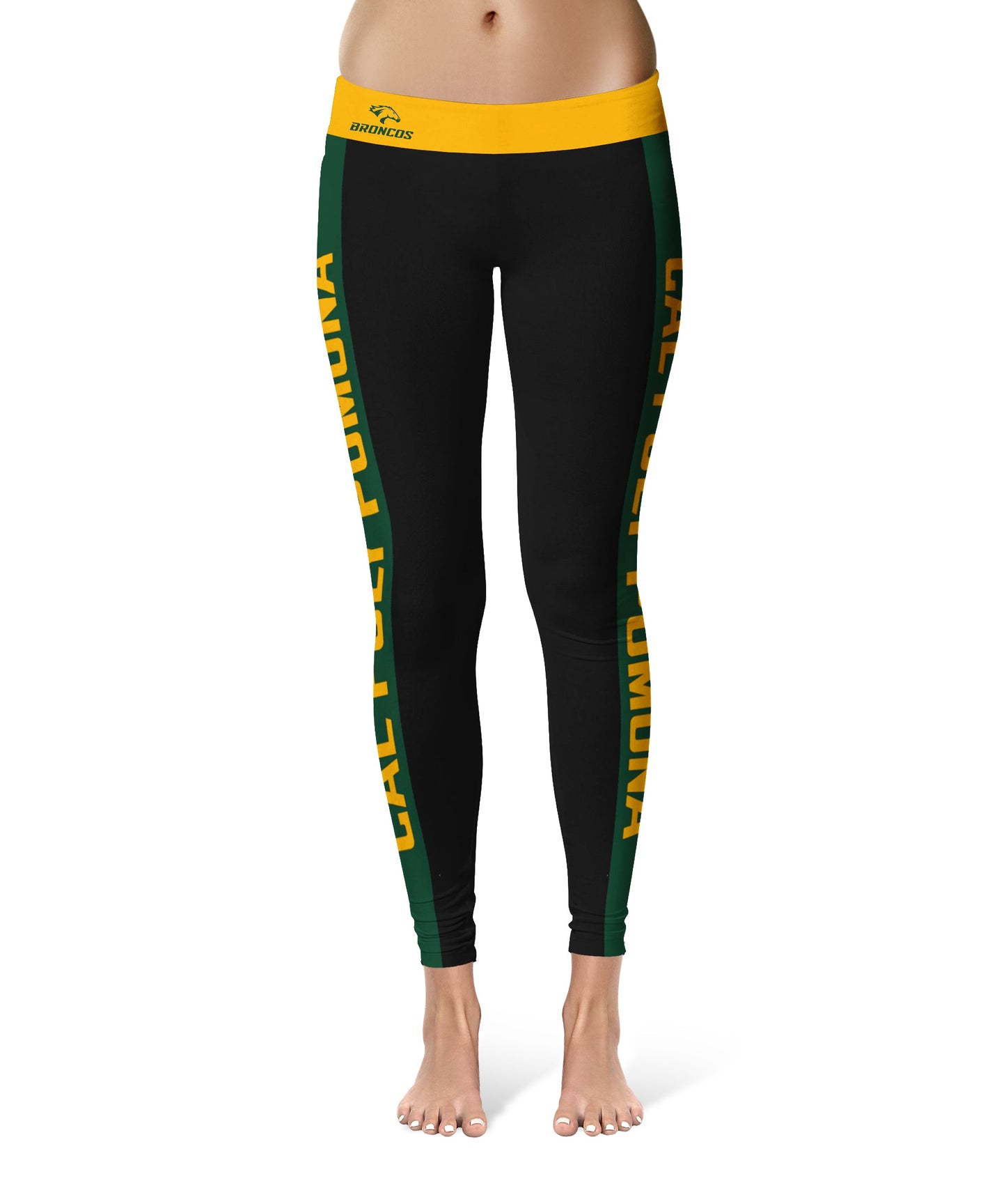 Cal Poly Pomona Broncos Vive La Fete Game Day Collegiate Green Stripes Women Black Yoga Leggings 2 Waist Tights