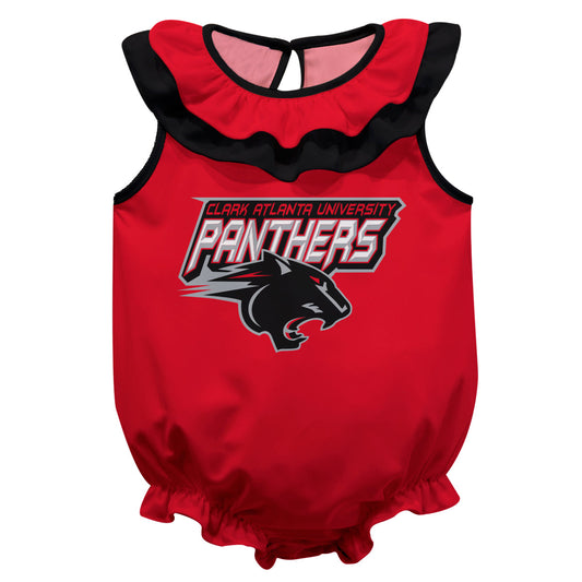 Clark Atlanta University Panthers Red Sleeveless Ruffle One Piece Jumpsuit Logo Bodysuit by Vive La Fete