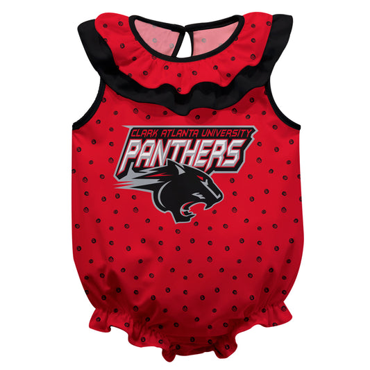 Clark Atlanta University Panthers Swirls Red Sleeveless Ruffle One Piece Jumpsuit Logo Bodysuit by Vive La Fete