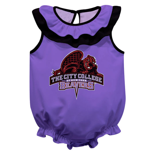 City College of New York Beavers Purple Sleeveless Ruffle One Piece Jumpsuit Logo Bodysuit by Vive La Fete