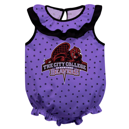 City College of New York Beavers Swirls Purple Sleeveless Ruffle One Piece Jumpsuit Logo Bodysuit by Vive La Fete