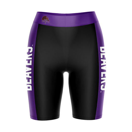 City College of New York CCNY Vive La Fete Game Day Logo on Waistband and Purple Stripes Black Women Bike Short 9 Inseam