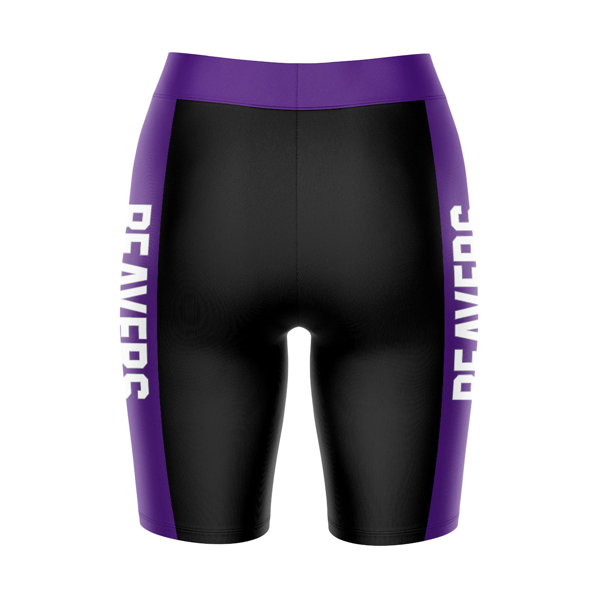 City College of New York CCNY Vive La Fete Game Day Logo on Waistband and Purple Stripes Black Women Bike Short 9 Inseam