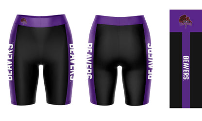 City College of New York CCNY Vive La Fete Game Day Logo on Waistband and Purple Stripes Black Women Bike Short 9 Inseam