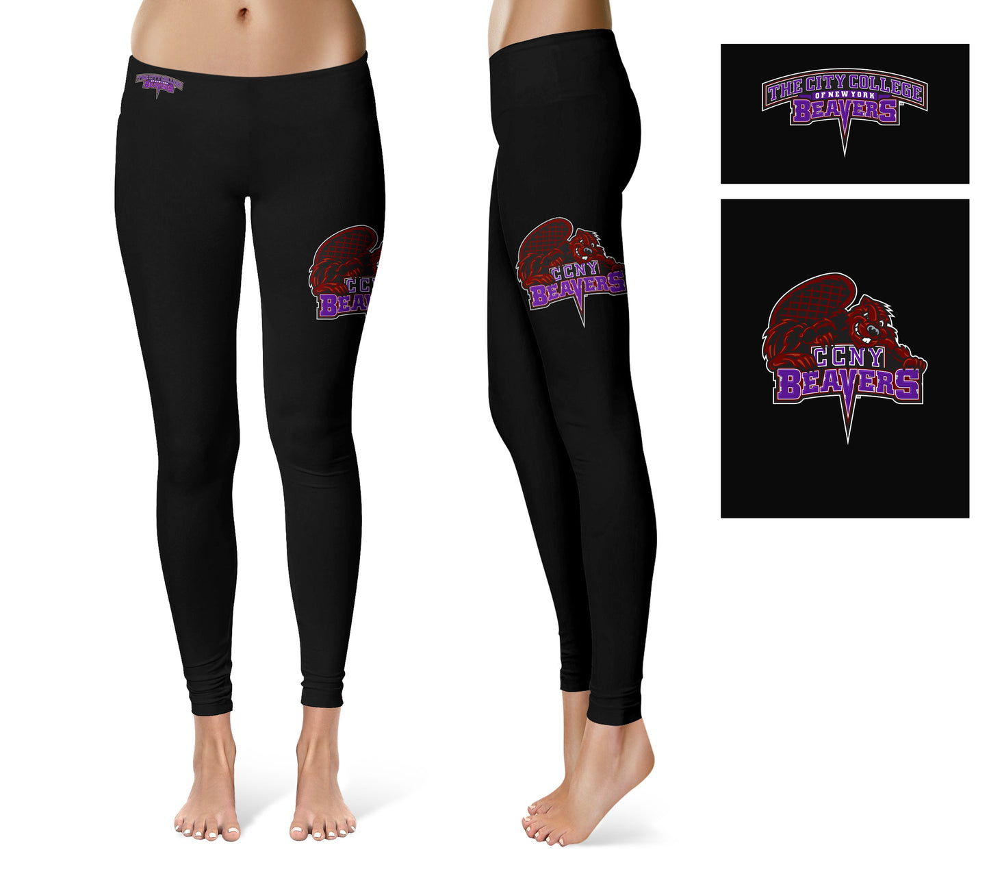 City College of New York Beavers Vive La Fete Collegiate Large Logo on Thigh Women Black Yoga Leggings 2.5 Waist Tights