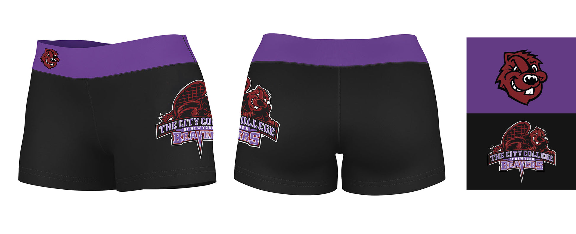 City College of New York Beavers Logo on Thigh & Waistband Black & Purple Women Yoga Booty Workout Shorts 3.75 Inseam - Vive La F̻te - Online Apparel Store