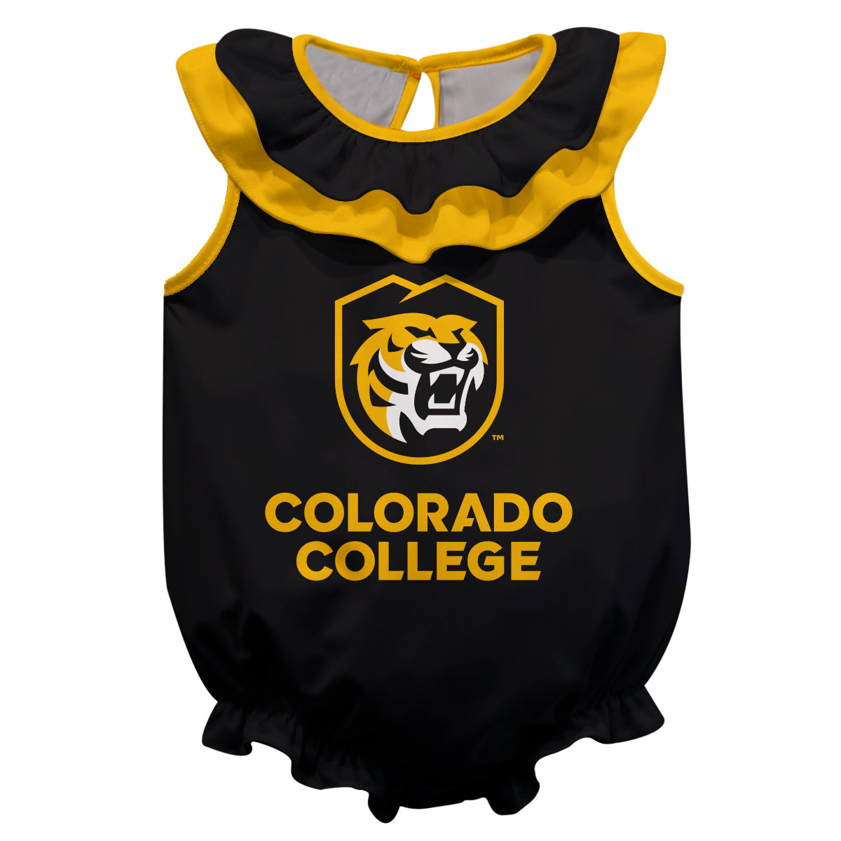 Colorado College Tigers Black Sleeveless Ruffle One Piece Jumpsuit Mascot Bodysuit by Vive La Fete