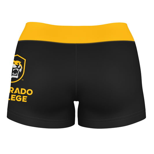 Mouseover Image, Colorado College Tigers Vive La Fete Logo on Thigh & Waistband Black & Gold Women Yoga Booty Workout Shorts 3.75 Inseam