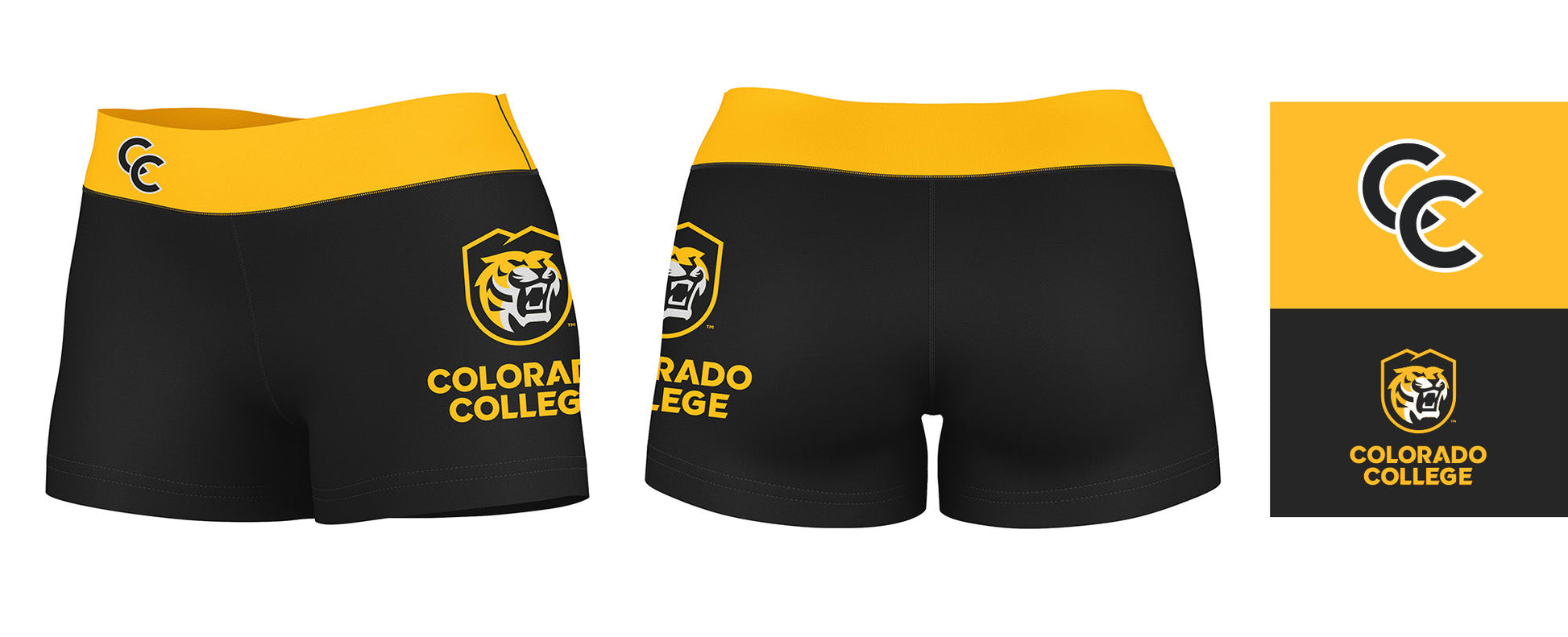 Colorado College Tigers Vive La Fete Logo on Thigh & Waistband Black & Gold Women Yoga Booty Workout Shorts 3.75 Inseam - Vive La F̻te - Online Apparel Store