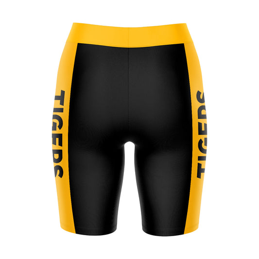 Mouseover Image, Colorado College Tigers Vive La Fete Game Day Logo on Waistband and Gold Stripes Black Women Bike Short 9 Inseam