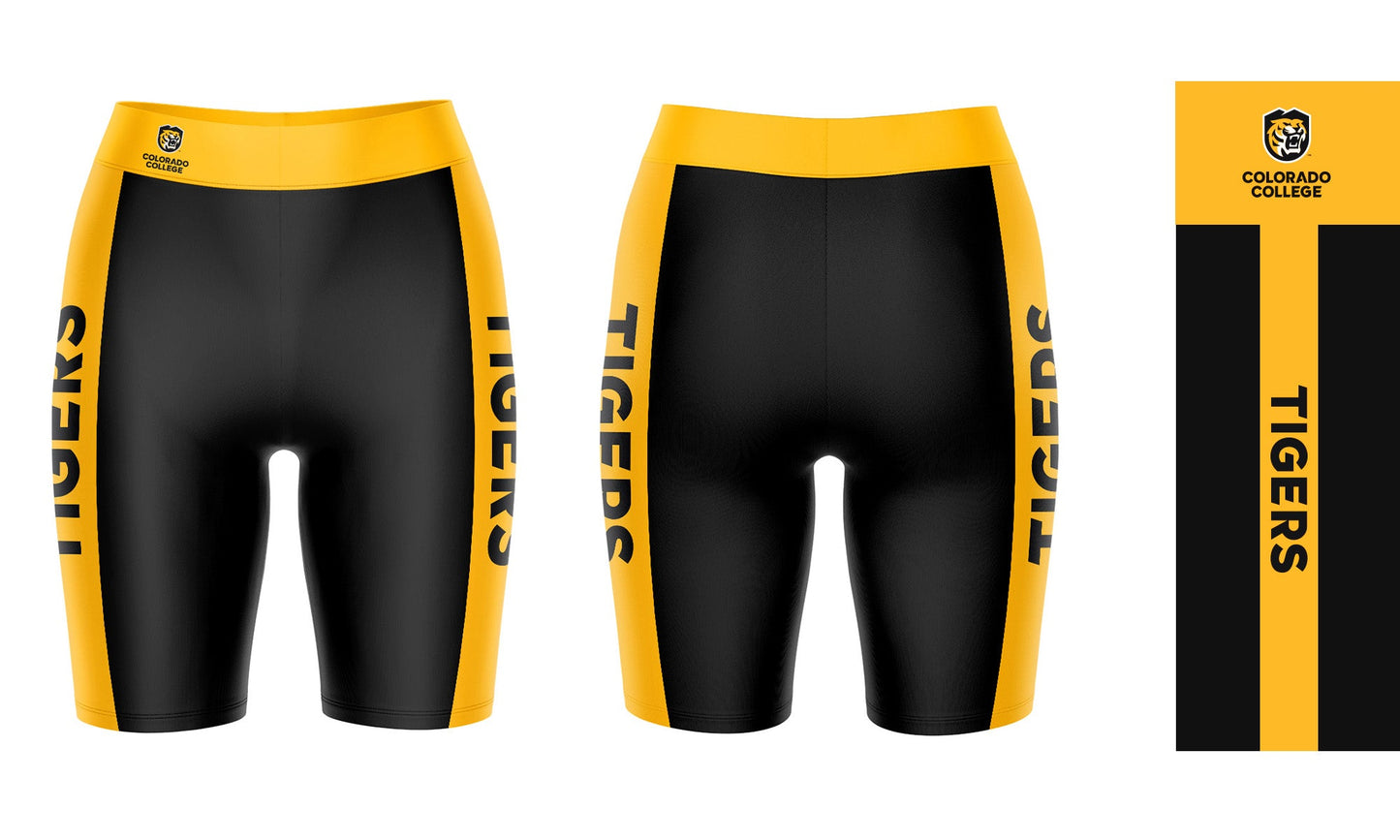 Colorado College Tigers Vive La Fete Game Day Logo on Waistband and Gold Stripes Black Women Bike Short 9 Inseam