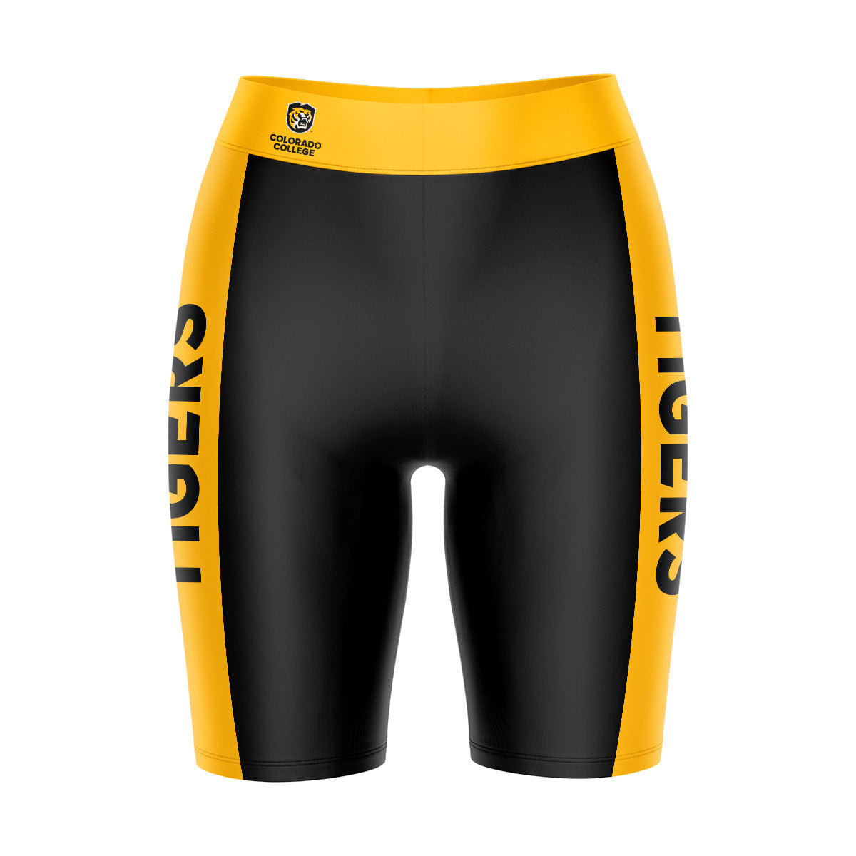 Colorado College Tigers Vive La Fete Game Day Logo on Waistband and Gold Stripes Black Women Bike Short 9 Inseam