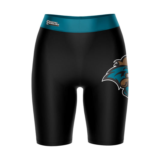 Coastal Carolina Chanticleers CCU Vive La Fete Logo on Thigh and Waistband Black and Teal Women Bike Short 9 Inseam