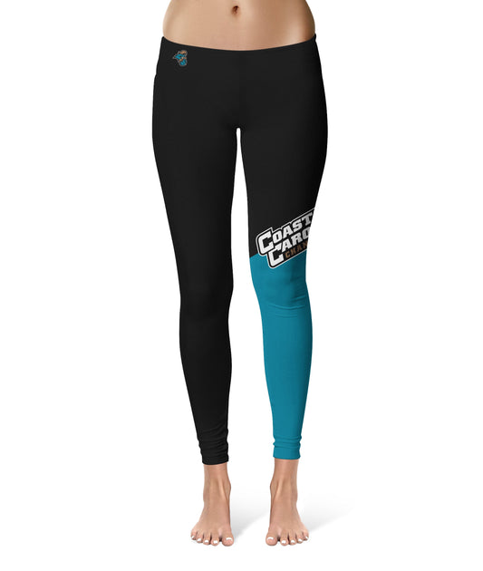 Coastal Carolina Chanticleers CCU Vive La Fete Game Day Collegiate Leg Color Block Women Black Teal Yoga Leggings