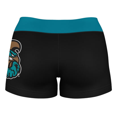 Coastal Carolina Chanticleers CCU Logo on Thigh & Waistband Black & Teal Women Yoga Booty Workout Shorts 3.75 Inseam - Vive La F̻te - Online Apparel Store