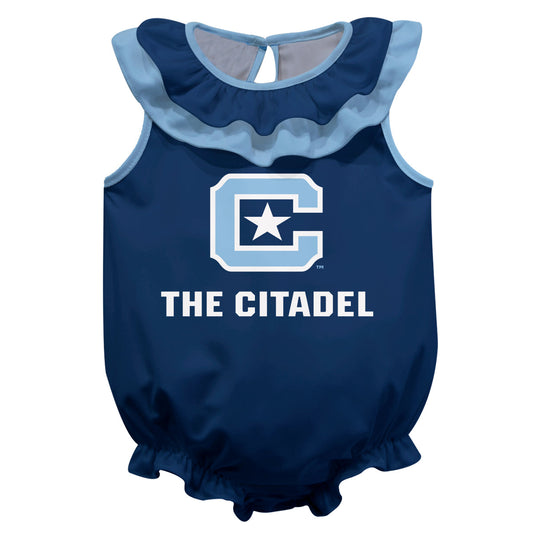The Citadel Bulldogs Blue Sleeveless Ruffle One Piece Jumpsuit Logo Bodysuit by Vive La Fete