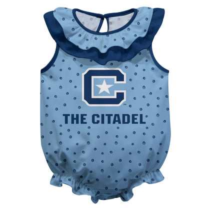 Citadel Bulldogs Swirls Light Blue Sleeveless Ruffle One Piece Jumpsuit Logo Bodysuit by Vive La Fete