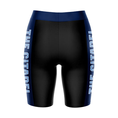 The Citadel Bulldogs Vive La Fete Game Day Logo on Waistband and Blue Stripes Black Women Bike Short 9 Inseam