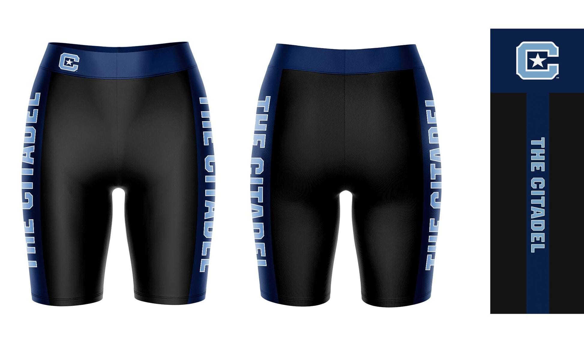 The Citadel Bulldogs Vive La Fete Game Day Logo on Waistband and Blue Stripes Black Women Bike Short 9 Inseam