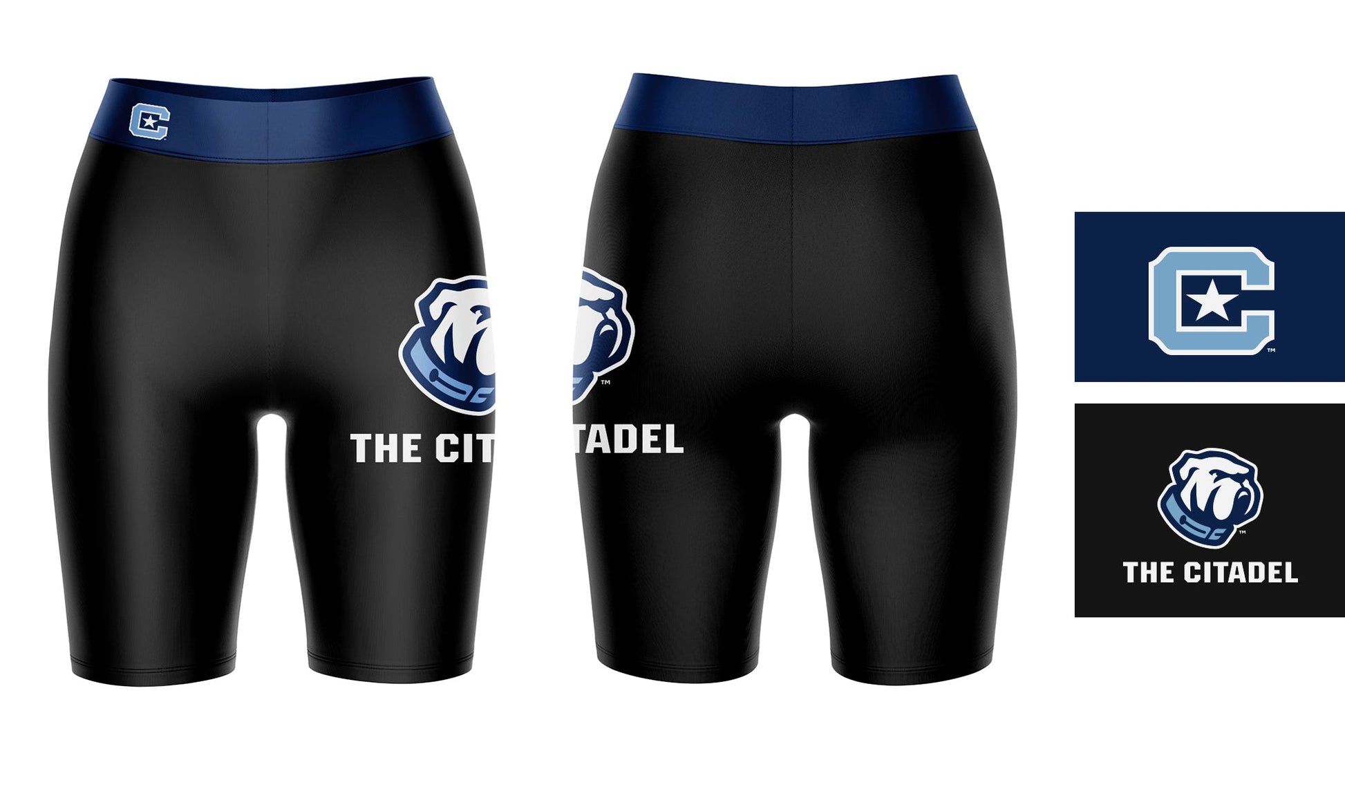 Citadel Bulldogs Vive La Fete Game Day Logo on Thigh and Waistband Black and Blue Women Bike Short 9 Inseam